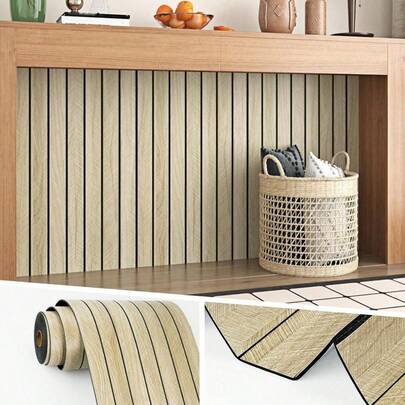 1卷 15.74 x 118.1英寸厚 3D仿木纹房间装饰墙板，防水、防油、抗冲击，自粘仿格子墙贴，客厅电视背景墙艺术装饰，厨房装饰壁纸