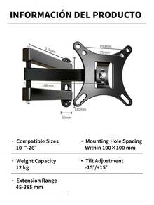 Soporte de pared para TV/monitor de metal con movimiento completo, brazo articulado con giro, inclinación y extensión, compatible con televisores LED LCD de pantalla plana,Soporte De Pared Para Tv/monitor De 14 A 55/(10"- 26"),carga máxima 50KG/12KG.400 X 400 Cm (260 X 260 CM) - Negro - Ver 12