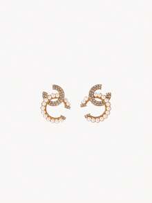 Opalesca 1 对优雅奢华几何图案人造珍珠耳钉，适合任何场合的女士 - 金色 - 查看 2