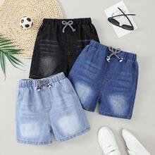 3 件套儿童浅色/中蓝色水洗牛仔男童休闲松紧腰短裤，夏季儿童街头风及膝裤 - 黑色 - 查看 11