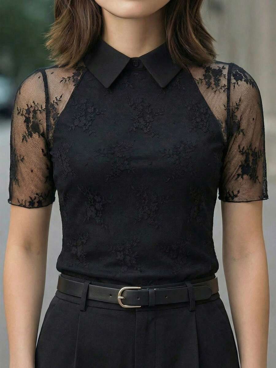女款黑色蕾絲透視短袖修身彈性上衣,性感優雅,適合商務辦公、晚餐與約會場合 (YY1193) 夏季 - 黑色 - 查看 1
