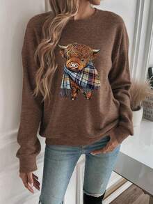 女士休闲保暖奶牛印花上衣，保暖，圣诞礼物，中国新年，农历新年，马年，春节，新年快乐，情人节，返校季，2026年开学第一天 - 棕色 - 查看 5