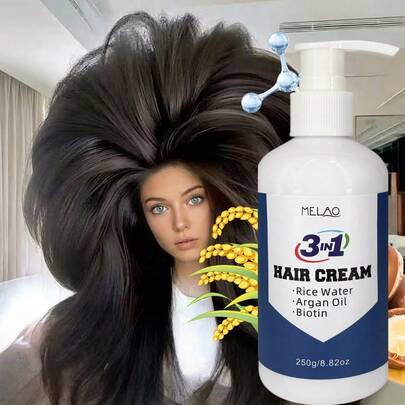  3-In-1 Hair Cream, MELAO Moroccan Argan Oil Hair Mask, Infused With Biotin, For Dry, Damaged Hair, Deep Moisturizing And Nourishing, Leaves Hair Soft, Shiny And Easy To Manage, 250g/8.82oz