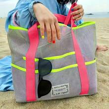 1 Large Capacity Beach Handbag, Polyester Fiber Fitness Swimwear Bag, Portable Foldable Shoulder Back Mesh Bag, No Closure Design, Hand Washable - Available In Grey, Blue, Optional, Beach Bag - Multicolor - View 5
