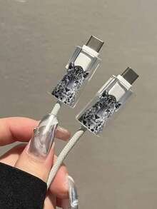TPU Leopard Print 3pcs Silver Leopard & Tiger TPU Charging Head & Cable Protector Set Suitable Compatible With Apple 20W UK Fast Charger Women Gift - 3-piece Silver Leopard Tiger Set - View 6