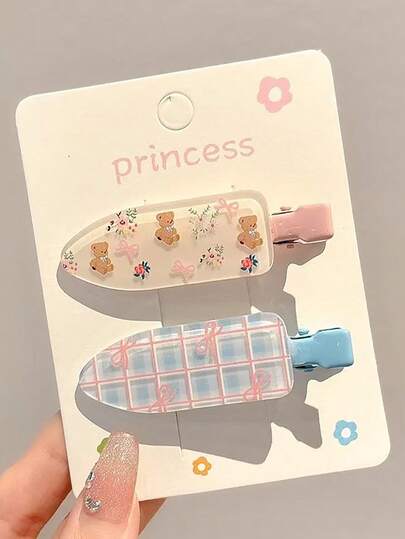 2件套女士夏季多巴胺彩色小熊发夹，甜美可爱无缝刘海侧边发夹，多功能时尚个性化鳄鱼夹，适合日常化妆、洗漱、拍照、通勤、发爪、发夹、发卡、发卡、发饰