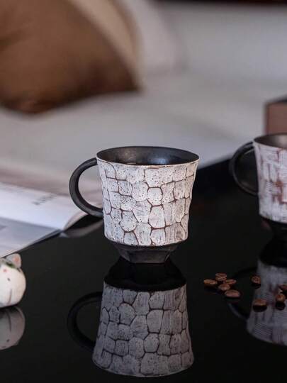 Handmade Coarse Pottery Black Ceramic Coffee Cup With White Handle, Minimalist Elegant Design For Daily Office Use