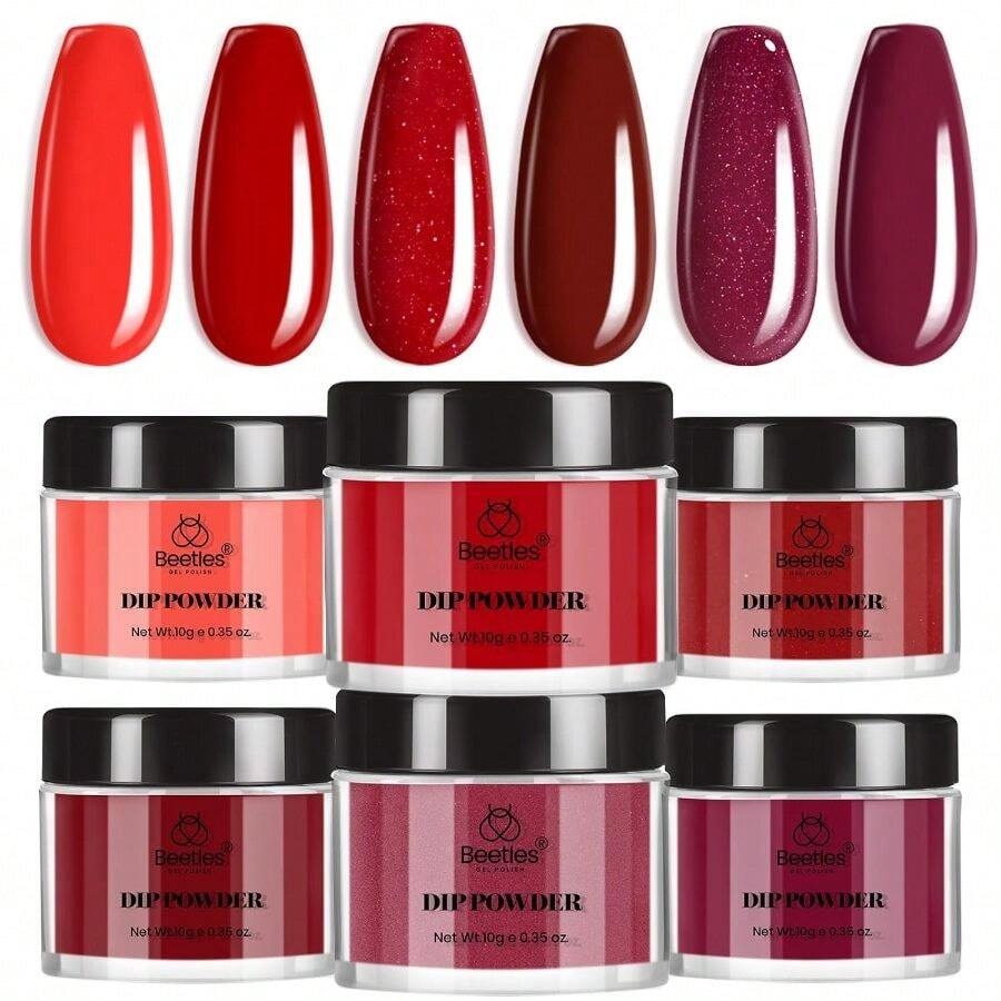 Beetles Red Dip Powder Nail Kit 6 Colors Red Glitter Dipping Powder No Need Nail Lamp Cured Manicure DIY Salon Valentines Gift For Girls Women - 0-Ruby 前言 - 查看 1