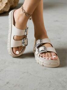 FZY 2026 Spring New Women's Plus Size Wide-Waist Sandals, Waterproof, Non-Slip, Thick Sole, Height Increase, Letter Print, Tower Buckle Design, Casual, Comfortable, And Versatile Beach Shoes, Easter Fashion Item - Women's Casual Sneakers - Màu be - Xem 6