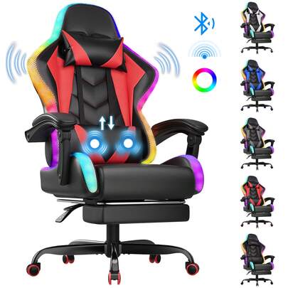  DEVOKO Gaming Chair With Footrest & Lumbar Massage, Ergonomic PU Leather Computer Chair With 145° Reclining Backrest, Adjustable Armrests, 360° Swivel Office Chair For 150-190cm Adults, Max Load 150kg