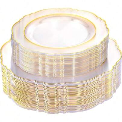 50/25/12pcs Transparent Gold-Rimmed Dinnerware Set, Salad Plates, Suitable For Serving Cakes, Desserts, Salads, Burgers, Sandwiches, Sushi, Ideal For Weddings, Easter, Graduation Parties, Outdoor Garden Dining, Valentine's Day, New Year, Mother's Day Gifts, Back To School, Ramadan, Suitable For Various Parties (Full Tableware Set, Plates, Trays, Dishes, Kitchen Utensils)