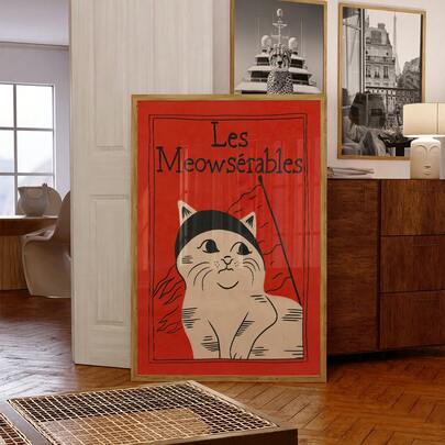 1pc Cat Art Print Theatre Cat Puns Poster Musical Theater Lover Wall Art Bookish Cat Art Literary Gift For Cat Lovers Vintage Chic Aesthetic Canvas Poster Minimalist Whimsical Folk Art Decor Rustic Painting