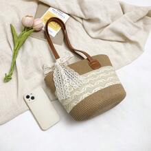 1pc Fashion Straw Woven Tote Bag, Large Capacity Beach Travel Handbag, Commuter Shoulder Bag With Scarf Bow Detail, Suitable For Elegant Ladies Casual, Beach Trip, Daily Matching - Multicolor - View 9