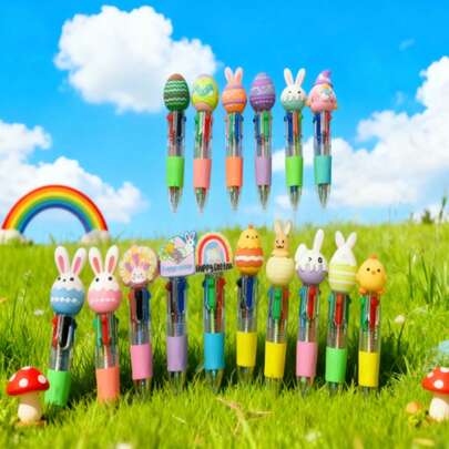 10pcs Easter Cute Cartoon Four In One Colored Ballpoint Pen, Suitable For School AndOffice Use, Classroom Prizes, Easter/Valentine's Day Gifts, Party Gift Bags, Candy Bag Fillers -Assorted Varieties