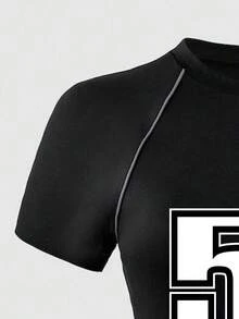 Conjunto de camiseta de manga corta con estampado numérico y pantalones para adolescentes - Negro - Ver 4