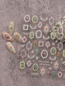 2pcs Vintage Floral Frame Nail Stickers, Delicate Summer Flower Nail Art Stickers, Music Festival Makeup Style, Dopamine Print 5D Self-Adhesive Nail Design, Suitable For Acrylic Nails, Women & Girls Manicure, Holiday Gift, DIY, Y2K - Multicolor - View 5