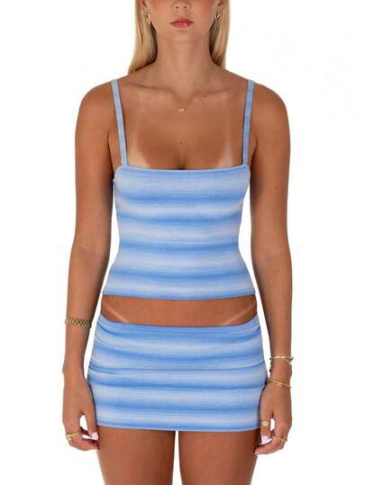 Women 2 Piece Outfits Sexy Stripes Sleeveless Spaghetti Strap Tank Top Mini Skirt Beach Vacation Sets For Women
