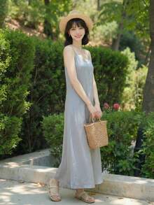 Y6Y新款法式蓝色柔软优雅女士长款无袖吊带连衣裙，春夏款 - 灰藍色 - 查看 4