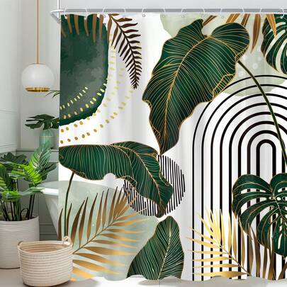 1pc Plant Shower Curtain, Abstract Modern Minimalism Tropical Monsoon Jade Gold Palm Leaf Plant Bathroom Accessory Suitable For Bathroom Bathtub Partition, Bathroom Accessory Bathroom Shower Curtain Decoration