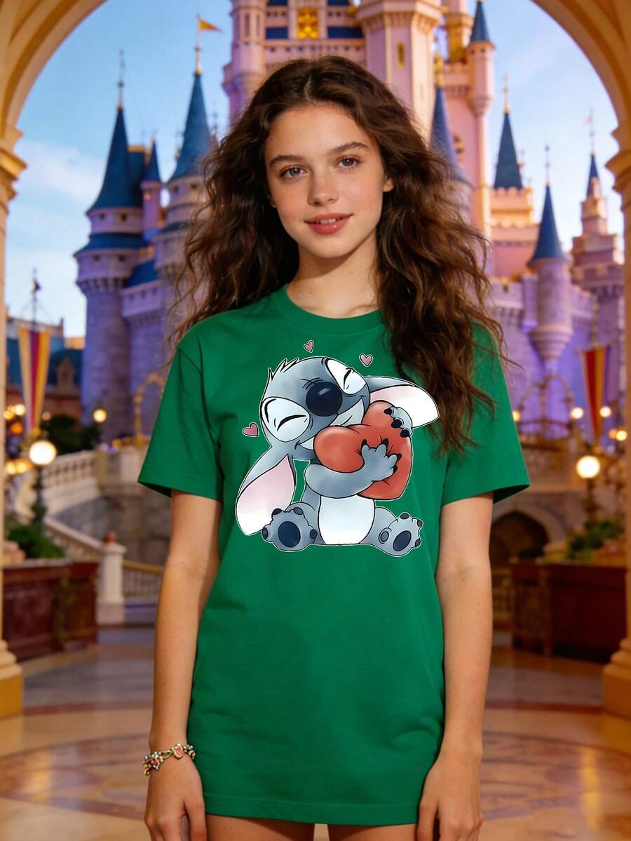 Disney Authorized Women's Casual Short Sleeve T-Shirt, Lilo & Stitch Heart Hug Print, Cute Healing Style, Breathable Comfortable Fabric, Machine Washable, All-Match For Multiple Scenarios - 綠色 - 查看 1