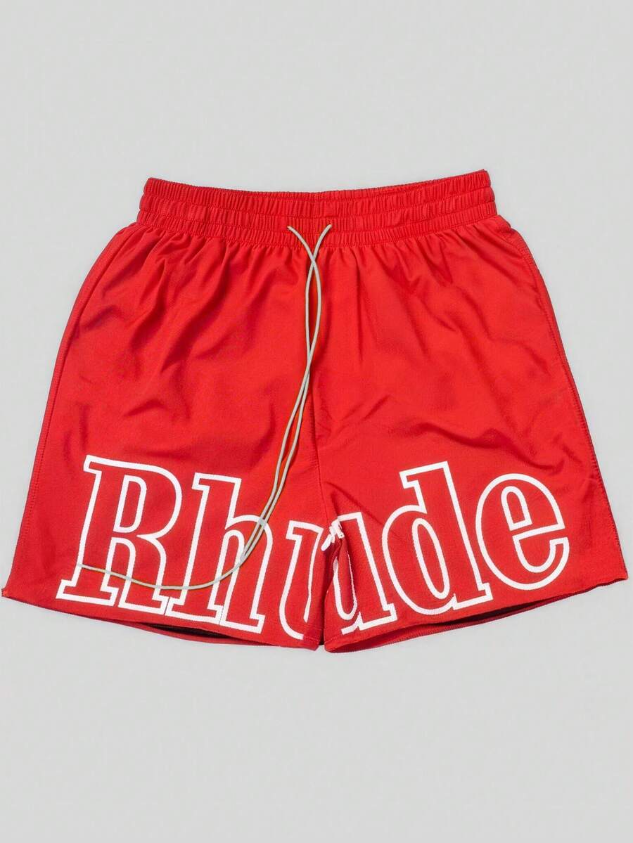 Vibrant Solid-Color Branded Shorts With Bold Letter Print & Zipper Details - 紅色 - 查看 1