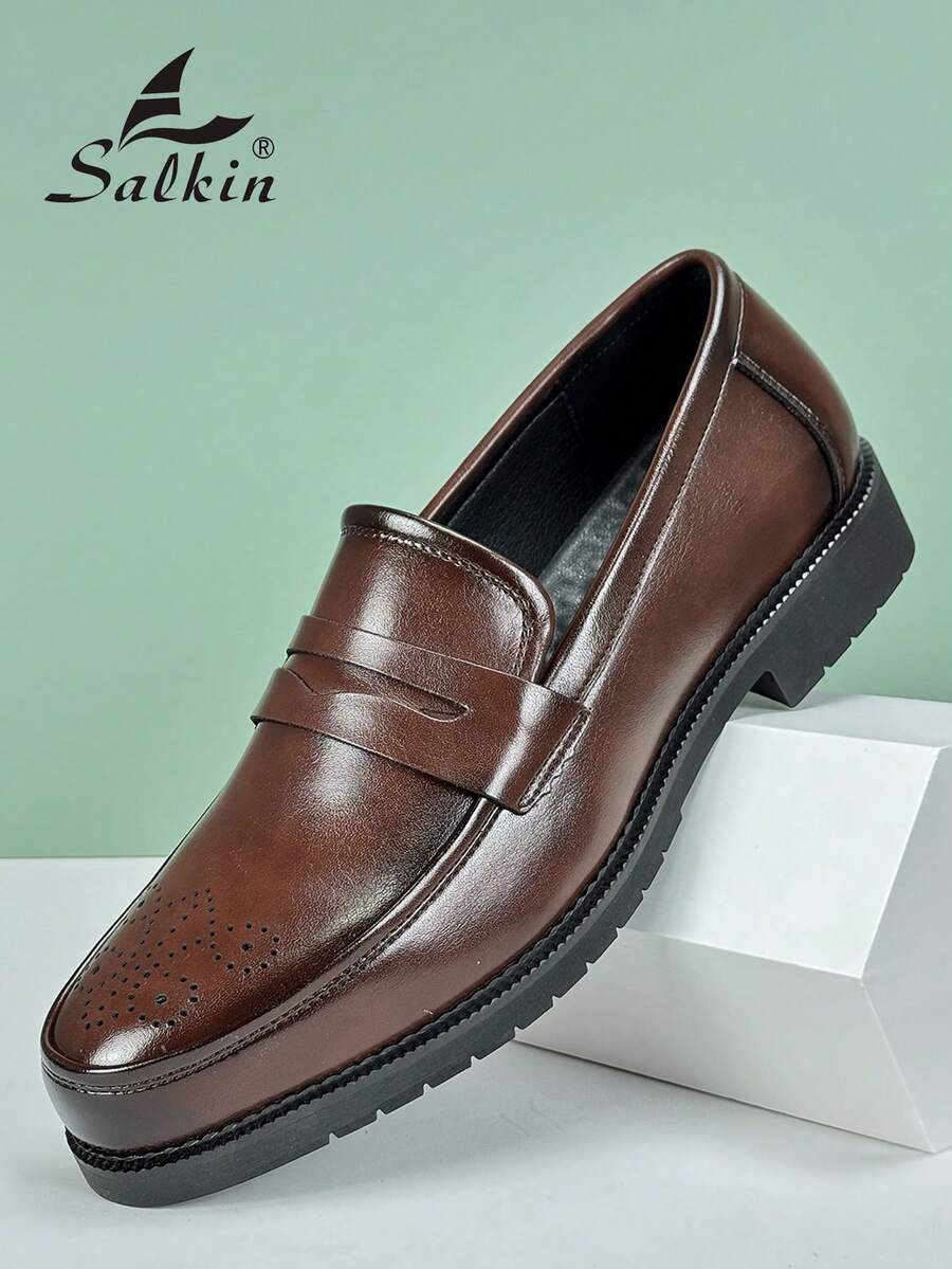 Salkin 新款时尚复古男士一脚蹬便士乐福鞋，绅士皮革布洛克圆头商务正装鞋，纯色休闲西装牛津鞋，适合中年、青年、学生、毕业典礼、学院风、派对、婚礼、新郎鞋、社交鞋，春季、夏季、秋季，加大码正装/商务正装 - 布洛克便士樂福皮鞋 - 查看 1