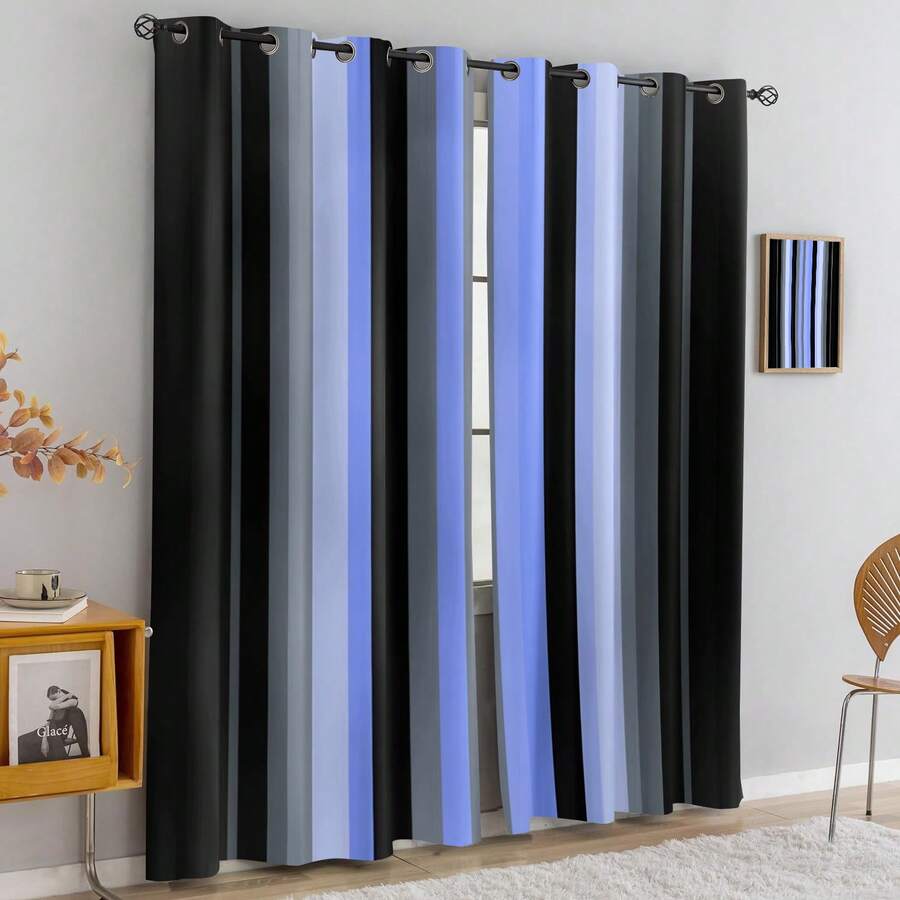 2 piezas Cortinas transparentes con estampado de rayas degradadas de alta definición, material de poliéster resistente a la decoloración, lavable a mano/máquina, con ojales para varilla, adecuado para decoración de dormitorio y sala de estar - Multicolor - Ver 1
