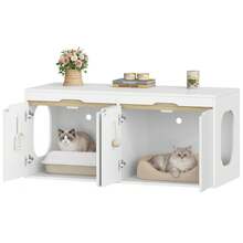 HaluPeit Cat Litter Box Cabinet, Cat Cabinet For 2 Cats, Cat Toilet With Door, For Cats, Double Door, Side Table, 120 X 50 X 53.4 Cm, White Oak And White, Modern - 白色 - 查看 8