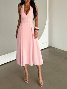 WOWDARK 夏季连衣裙，粉色时尚女士深V腰带A字吊带优雅连衣裙，适合狂欢节、约会、聚会、派对、旅行、度假、海滩等场合。 - 粉色 - 查看 3