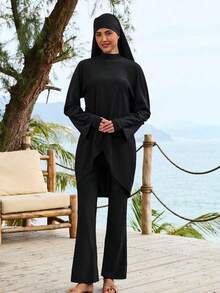 VFJ Bộ đồ bơi nữ Burkini cổ tròn cạp cao, kiểu dáng thường ngày, 3 món, tay dài, màu trơn, thích hợp đi biển và nghỉ mát, bao gồm áo, quần ống rộng và khăn trùm đầu, chất liệu co giãn cao và che phủ toàn thân, màu đen mùa hè. - màu đen - Xem 6