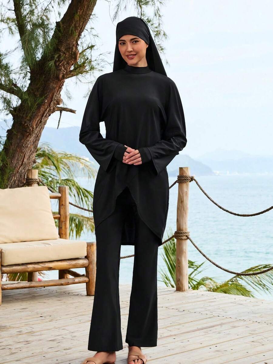 VFJ Bộ đồ bơi nữ Burkini cổ tròn cạp cao, kiểu dáng thường ngày, 3 món, tay dài, màu trơn, thích hợp đi biển và nghỉ mát, bao gồm áo, quần ống rộng và khăn trùm đầu, chất liệu co giãn cao và che phủ toàn thân, màu đen mùa hè.