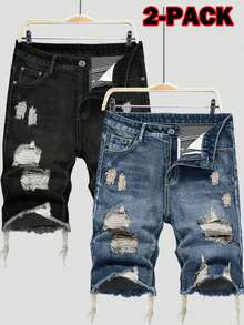 2-Pack Men's Street Style Ripped Casual Frayed Hem Comfortable Denim Shorts - 黑色+藍色 - 查看 1