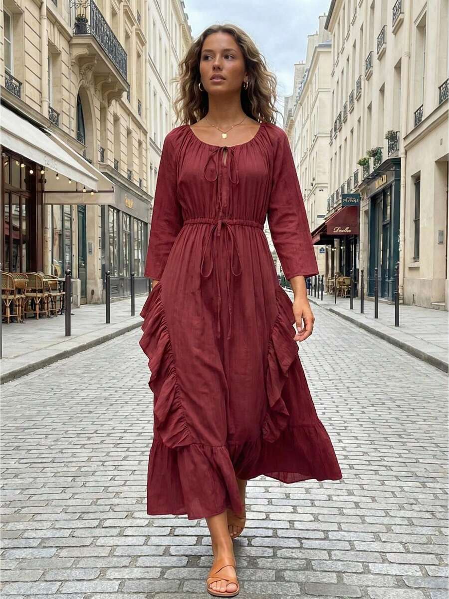 Women's Fall Ruched Dress Elegant Solid Color Long Sleeve Scoop Neck Loose Fit Dress For Daily Event Wear - Red - View 1