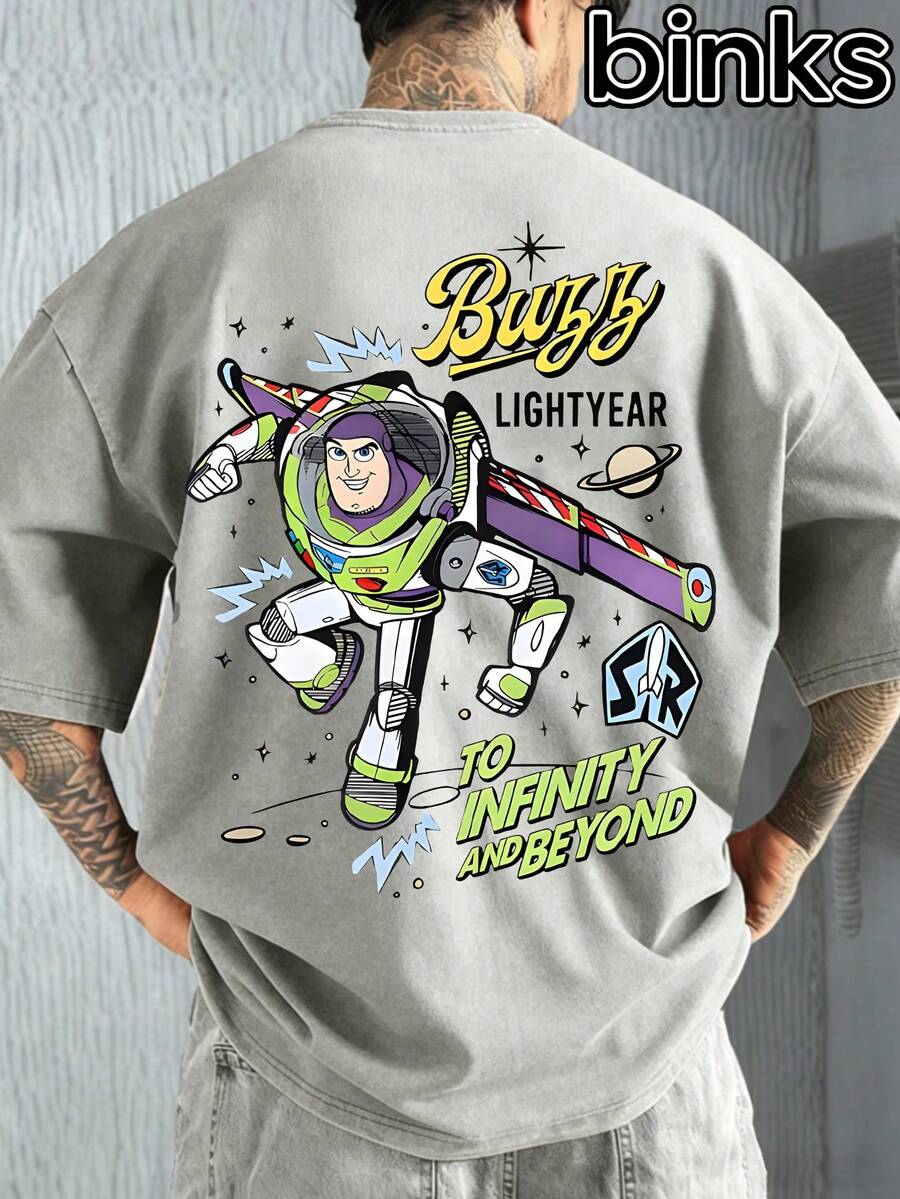 Disney Astronaut Buzz Lightyear Pattern Printed Short Sleeved T-Shirt, Washed With Antique Craftsmanship, Breathable, Loose, And Casual, Suitable For Daily Home Use, Spring And Summer Men's Short Sleeved Tops. - 灰色 - 查看 1