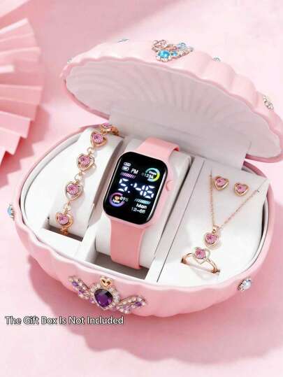 6件套女孩优雅时尚可爱LED数字显示电子手表，搭配心形水晶项链、手链、戒指和耳环首饰套装，适合女孩日常佩戴，是女孩生日/节日、度假、旅行、派对装饰的完美礼物，也是女孩的优雅配饰。