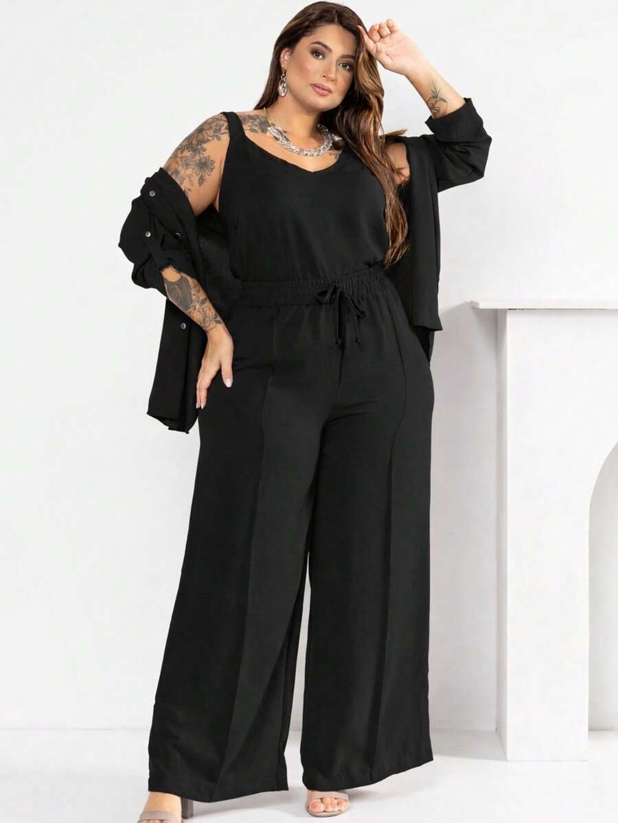 Luxury Plus Size Three-Piece Set With Wide-Leg Pants - màu đen - Xem 1