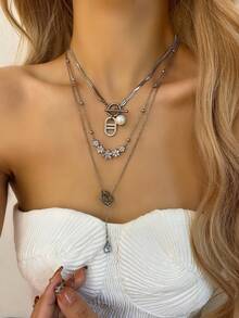 3条可叠戴或单独佩戴的银色项链，百搭铜质立方氧化锆项链套装，适合约会、聚会、送礼和日常佩戴 - 銀色 - 查看 1