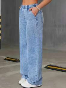 Women's Elastic Waist Wide Leg Jeans, High Waisted Tummy Control Straight Jeans, Acid Washed Denim Trousers With Pockets, Elegant Women's Outfit, Loose Fitting Comfortable Pantalones, Baggy Casual Pants For Travel, Work And Office Wear. - 藍色 - 查看 4