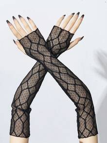 1pc New Punk Gothic Hollow Out Sleeve Cuff, Long Fingerless Arm Warmer Accessory - Black - 185 - View 3