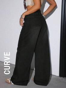 Celana Jeans Wanita Ukuran Besar Kasual Longgar Model Lurus dengan Kantong, Warna Hitam Musim Semi - Hitam - View 2