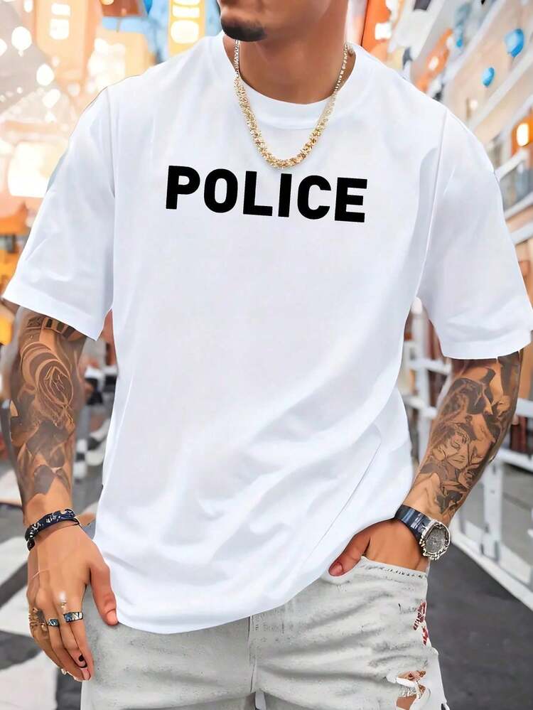 Camiseta de Cuello Redondo con Estampado Gráfico de Policía para Hombre - Estampado de Texto Atrevido, Camiseta Casual de Punto de Poliéster, Corte Regular, Manga Corta con Ligera Elasticidad, Lavable a Máquina, Comodidad para Todas las Temporadas, Camiseta de Policía, Ropa Cómoda, Camiseta de Corte Relajado, Tela Elástica - Blanco - Añade 2