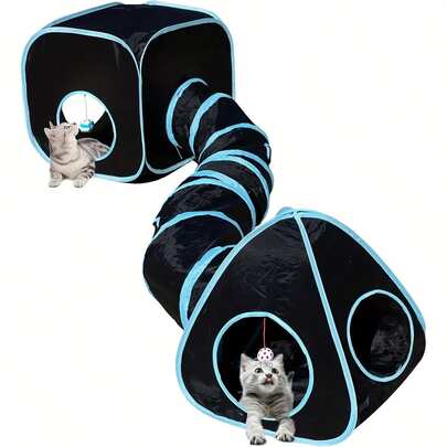 Foldable Polyester Interactive Cat Tunnel Toy With Ball & Bell - Suitable For Indoor Cats, Kittens And Small Dogs