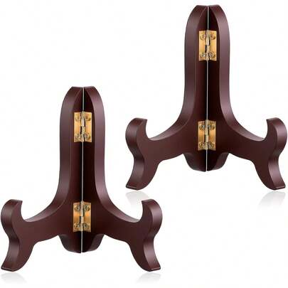 2 PCS Wooden Plate Stands Display, 4 Easel Plate Holder Brown Folding Picture Frame Stand Small Decorative Plate Stand Display Picture Frame Book Dish Artwork Easels