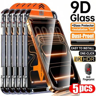 5片装超清钢化玻璃屏幕保护膜，附带安装工具和自动对齐工具。适用于 17 Pro Max/17 Air/17E/16 Pro Max/16e/15 Pro Max/14 Plus/13 Pro Max/12 Pro/11 Pro Max/Xs Max等机型。采用AR高品质9H硬度钢化玻璃，防油、防刮、防指纹、防尘。全覆盖设计，无气泡、无灰尘，全方位保护手机屏幕。安装简便，兼容手机壳。适合日常使用，办公、居家皆宜。