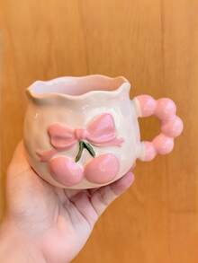 2026ins Girl Style Cream Ceramic Water Cup, Gentle Color Palette, 3D Embossed Cherry And Bow Design On Cup Body, Cloud Beaded Handle, Wavy Rim, Creative Artistic Design With Atmospheric Vibe, Matching Exquisite Ceramic Spoon From The Same Series, Higher Aesthetic Value As A Set. Ceramic, Heat-Resistant, Smooth Glazed Surface, Easy To Clean - Multicolor - View 12