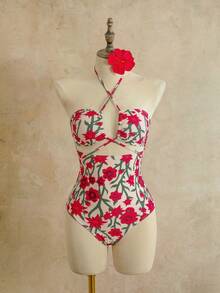 Floral Print Halter Cutout Two Pieces Midi Dress Set - Multicolor - View 10