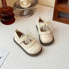 Girls' Butterfly Pearl Hook And Loop Lace Flat Shoes, Comfortable & Versatile Princess Shoes - Beige - View 3