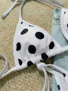 Bộ bikini dây buộc cổ yếm in chấm bi mới, đồ bơi gợi cảm thời trang cho bãi biển, tiệc bể bơi, kỳ nghỉ xuân/hè màu trắng. - trắng - Xem 7