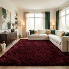Soft Shaggy Area Rug For Living Room, Thick Fuzzy Rug For Bedroom, Door Mat, Bathroom, Modern Spring Decor Aesthetic, Upgrade Non-Slip Fluffy Carpet, Ideal Gift For Valentine's Day Housewarming, Easter, Dry Clean Only, With 4 Carpet Stickers, Burgundy Red - Rượu vang đỏ - Xem 2
