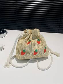 1个女童草莓图案编织纸抽绳单肩包，适合春夏休闲穿着 - 彩色 - 查看 1